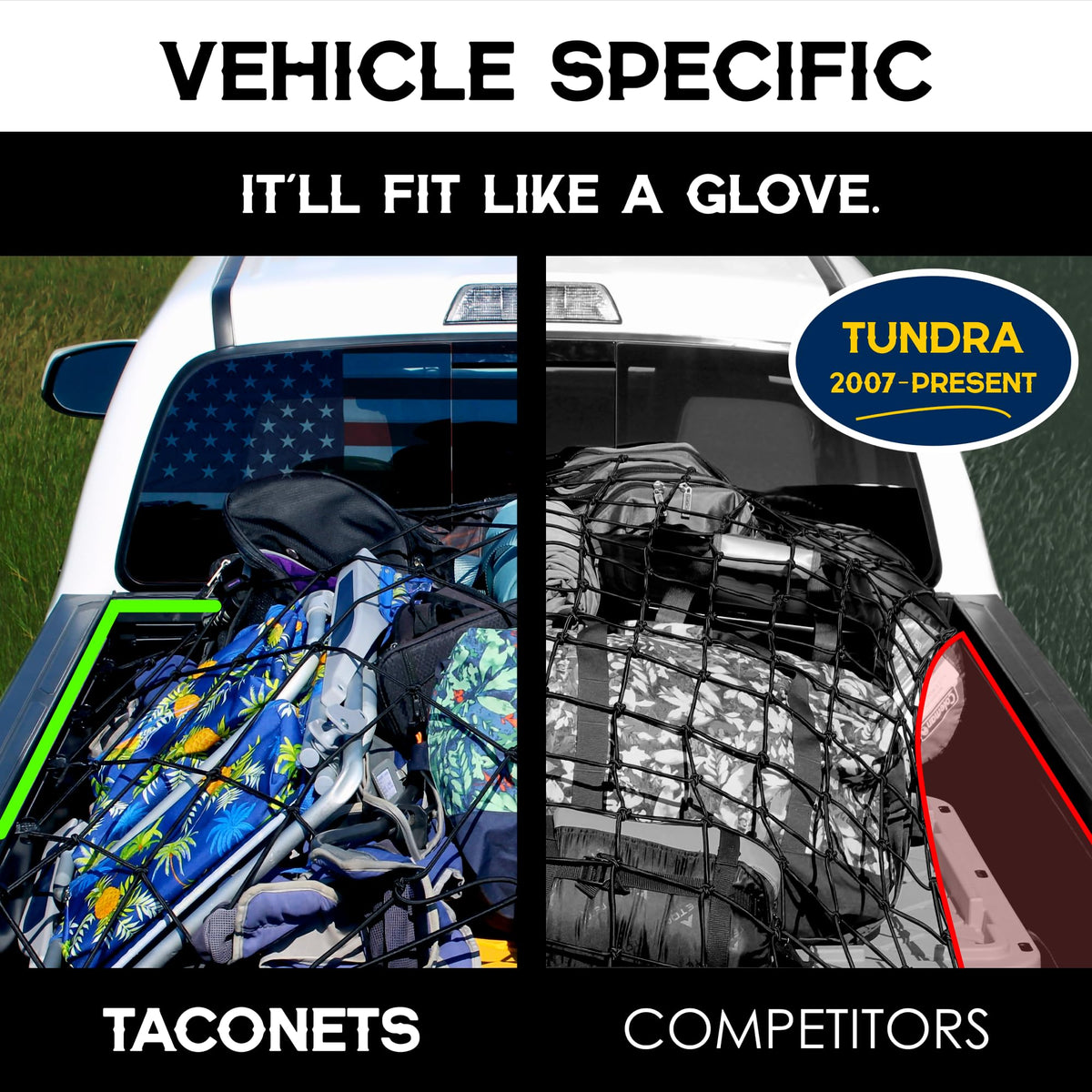 TacoNets grid pattern holding various items to prevent shifting