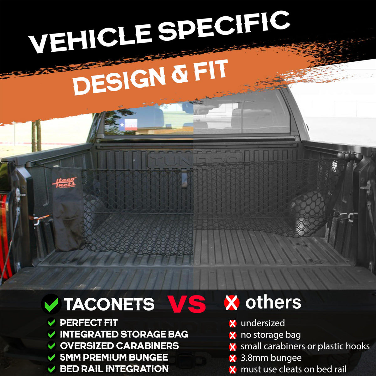 TacoNets storage bag and patented hooks displayed for easy transport and quick install