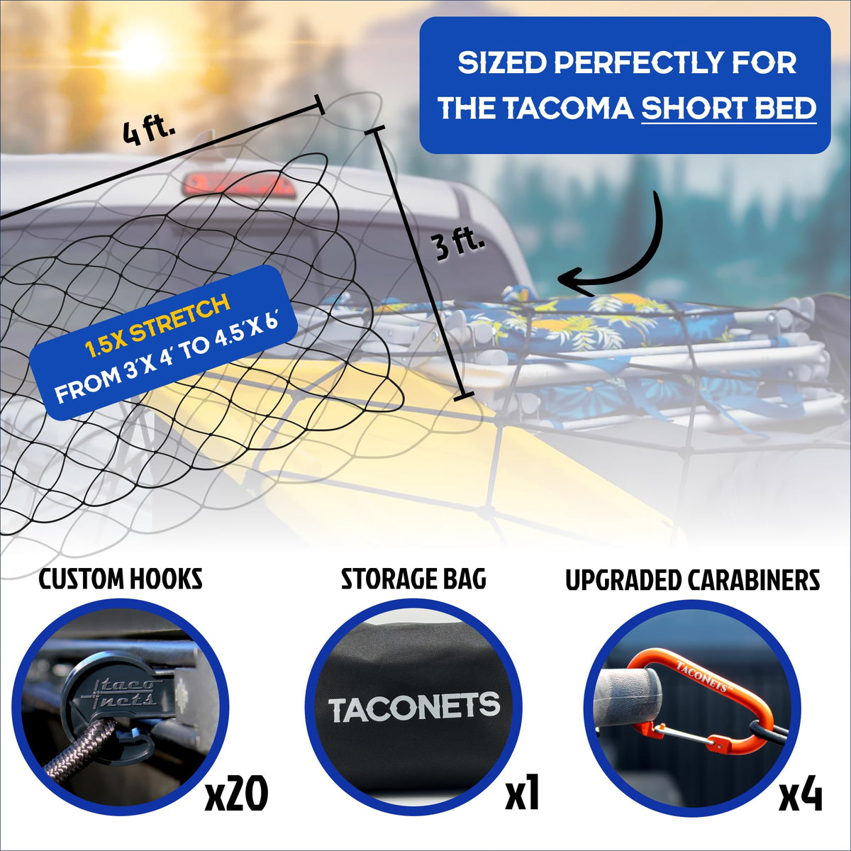 TacoNets upgraded carabiner detail on rail attachment, ensures secure, vibration‑resistant hold