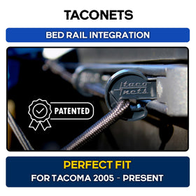TacoNets TITAN installed on Tacoma short bed, shows direct fit to factory deck rails