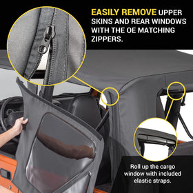 TACTIK installed on Jeep TJ in outdoor setting showing removable windows and style