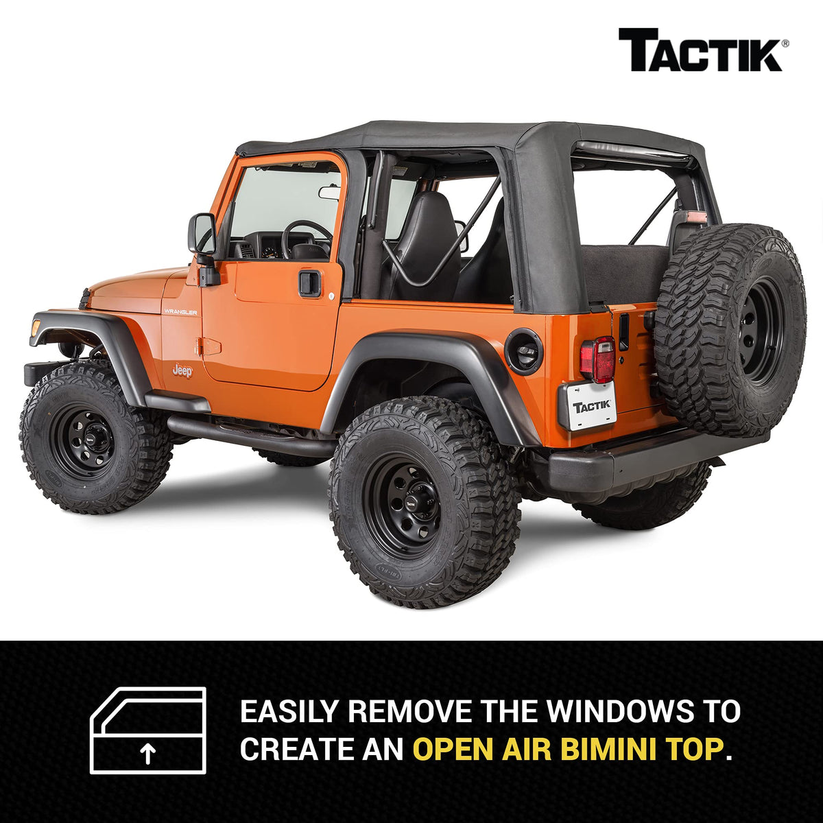 TACTIK view of fabric top over Jeep TJ bow system showing fit with OEM hardware