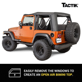 TACTIK view of fabric top over Jeep TJ bow system showing fit with OEM hardware