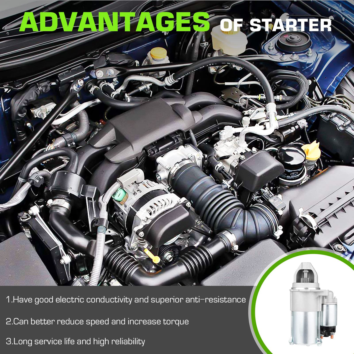 TadaMark starter installed in engine bay showing direct-fit replacement ease