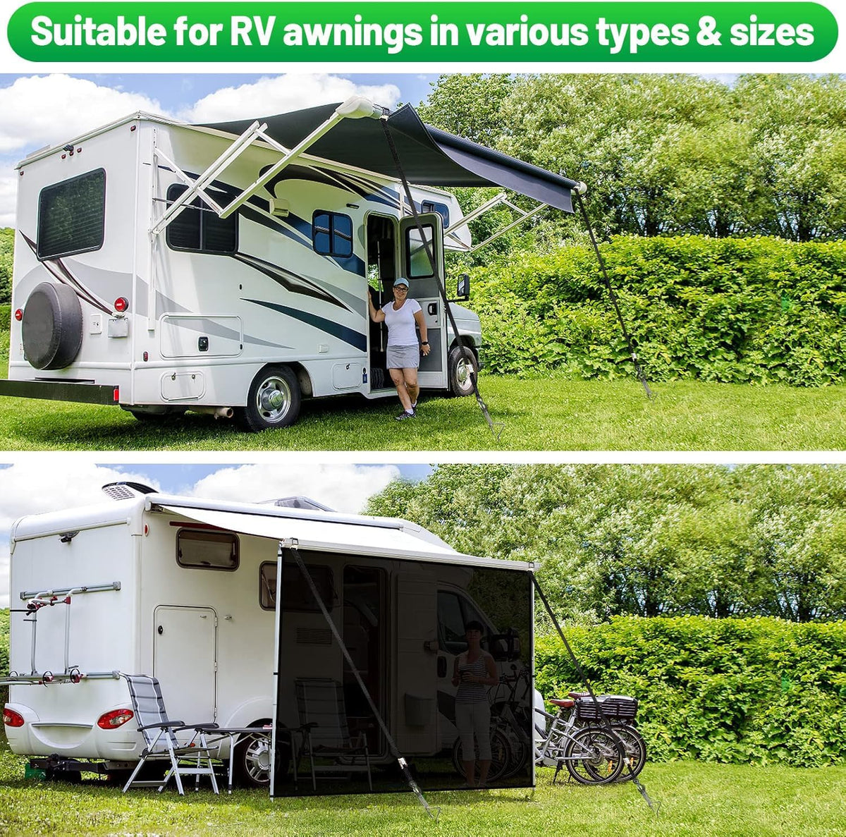 Taelakeni kit in use on RV awning illustrating improved wind stability