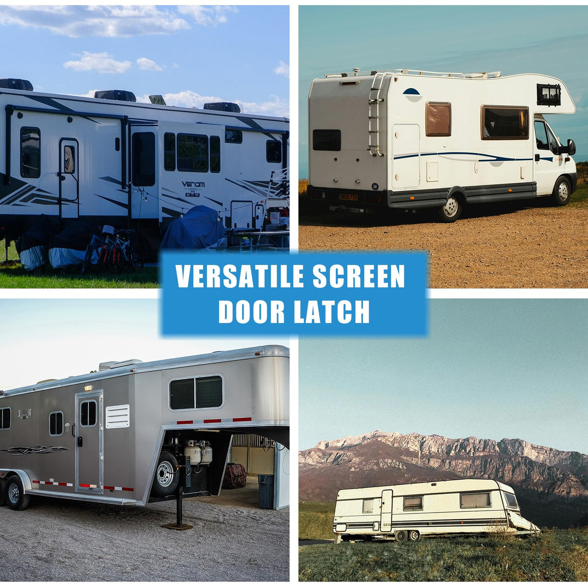 TAGLLY latch in RV lifestyle setting showing secure screen door and travel readiness