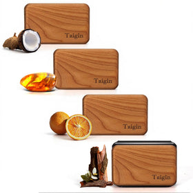 Taigin wood air freshener pack showing four scent refills and included clip, fresh cabin benefit