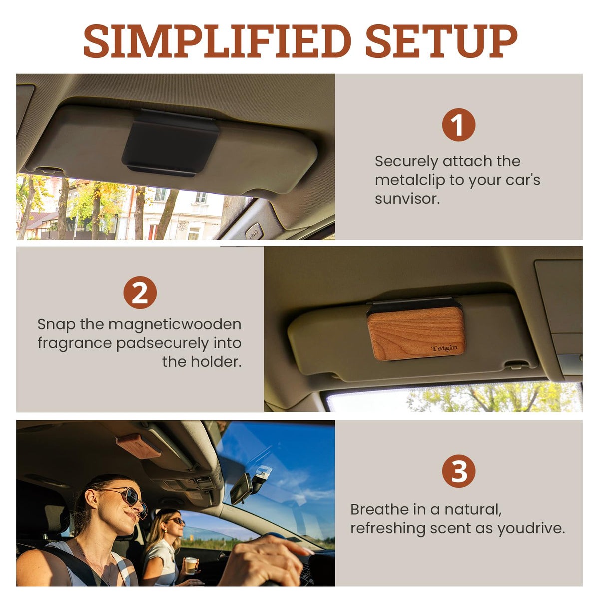 Taigin wooden puck clipped to car vent dispersing scent through airflow for continuous freshness benefit