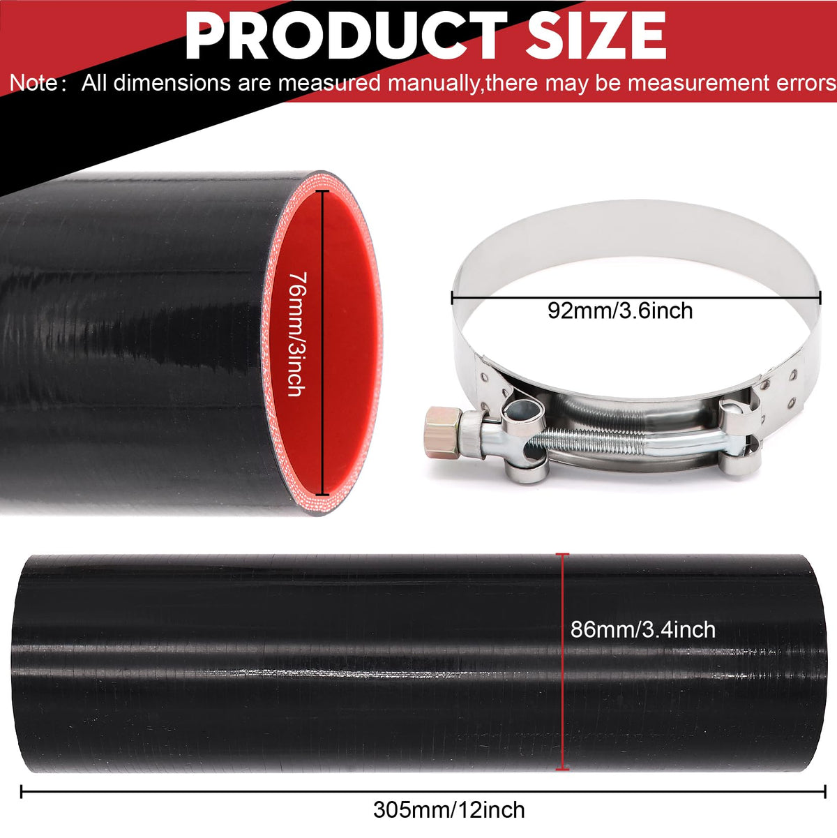 Taigoehua included two stainless T-bolt clamps and hose, secure leak-resistant fit