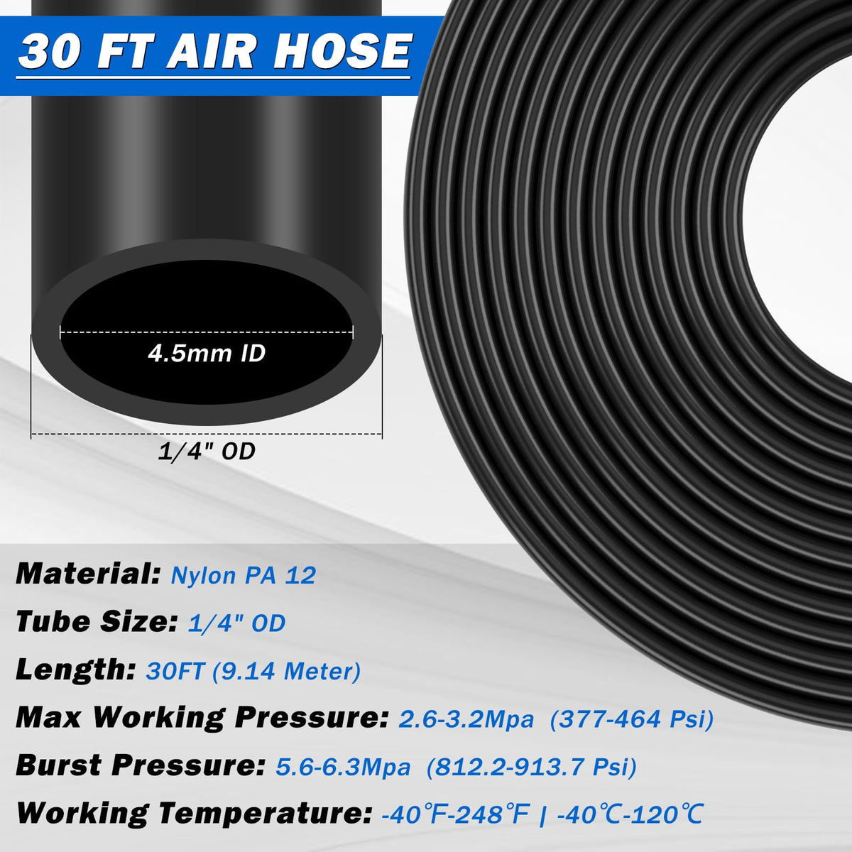 Taiidaues PA12 1/4 inch hose close-up showing flexible abrasion-resistant texture benefit