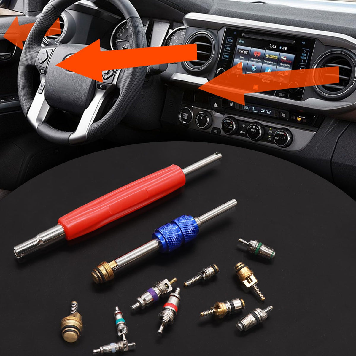 Taiss mechanic using kit in garage for efficient A/C leak repair