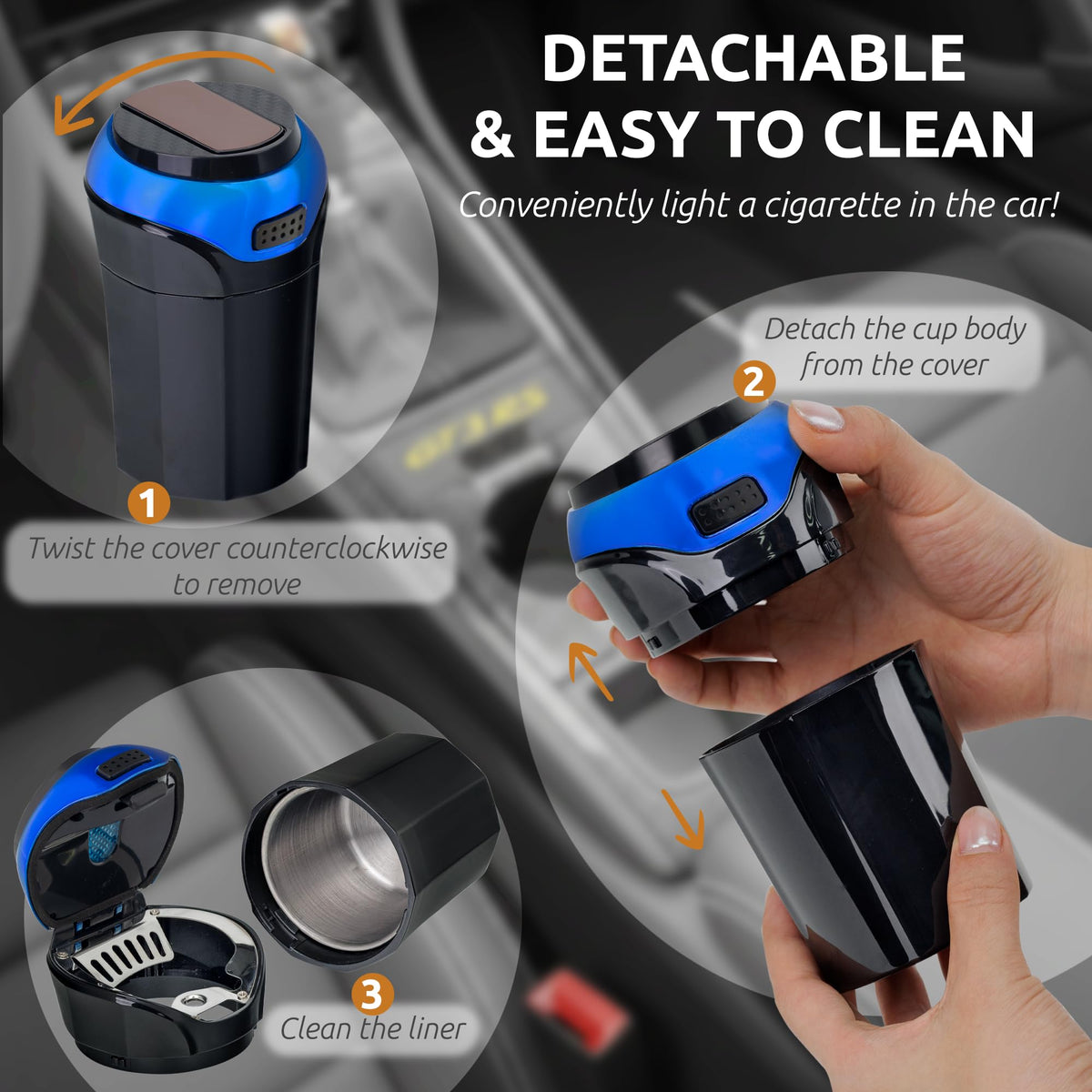 TAKAVU ashtray seated in car cup holder demonstrating universal fit benefit