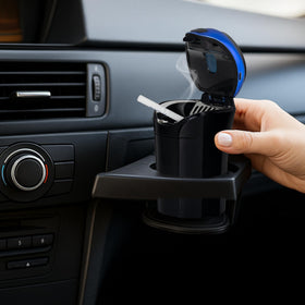 TAKAVU ashtray in nighttime driving scene showing ambiance and reduced fumbling benefit
