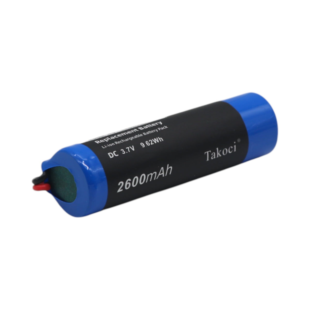 TAKOCI front view battery showing compact shape and 3.7V rating for easy replacement