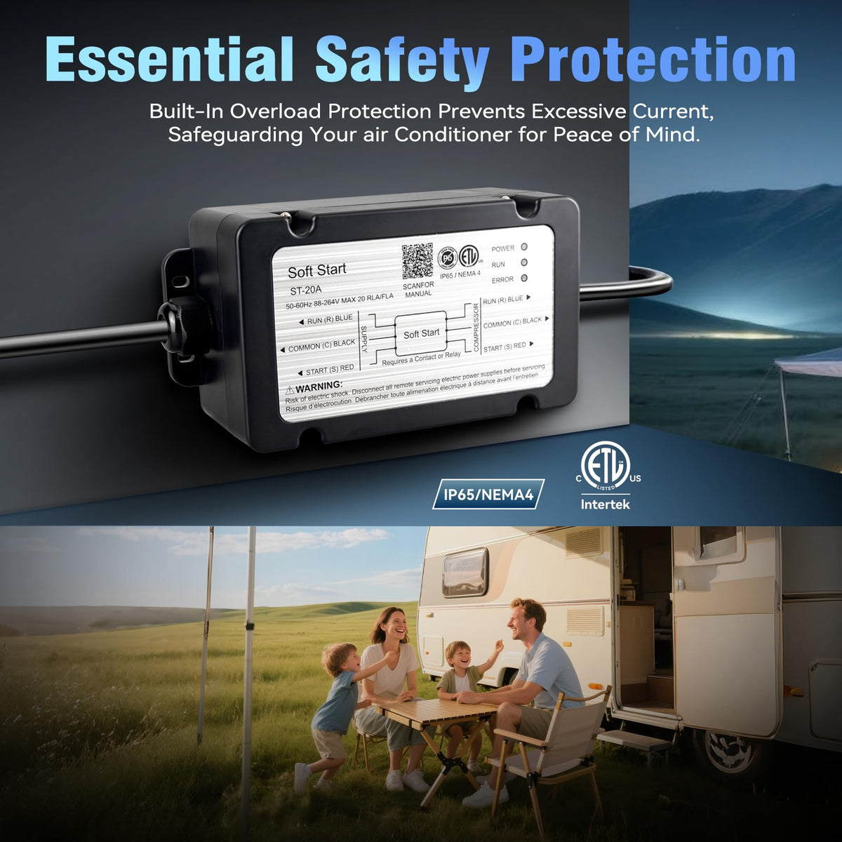 TaleBoy soft start label and specs close-up confirming voltage range and compatibility benefit