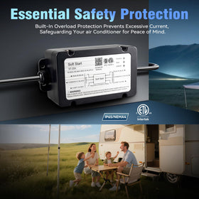 TaleBoy soft start label and specs close-up confirming voltage range and compatibility benefit
