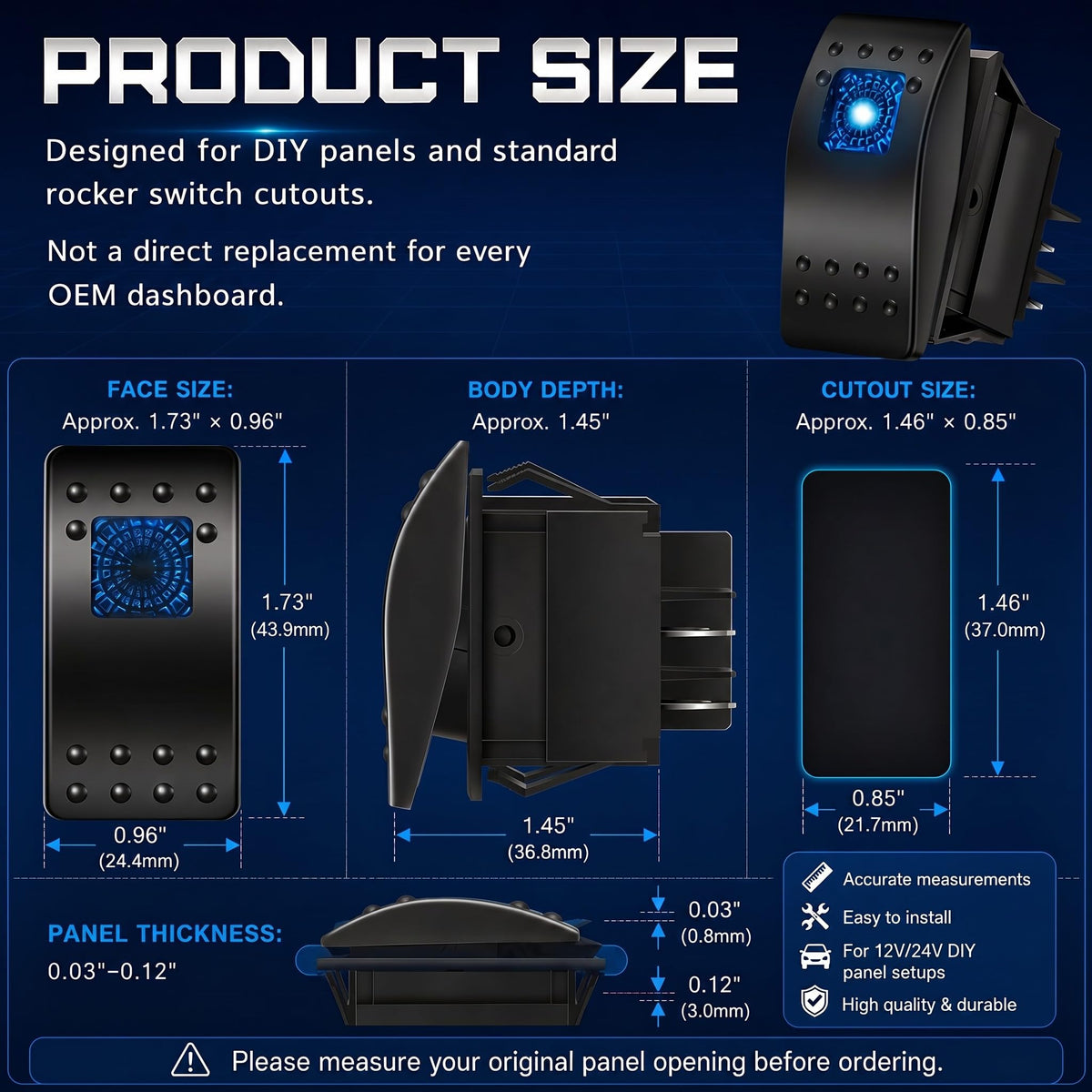 Tallew close-up of rocker surface and blue LED highlighting durability and visibility
