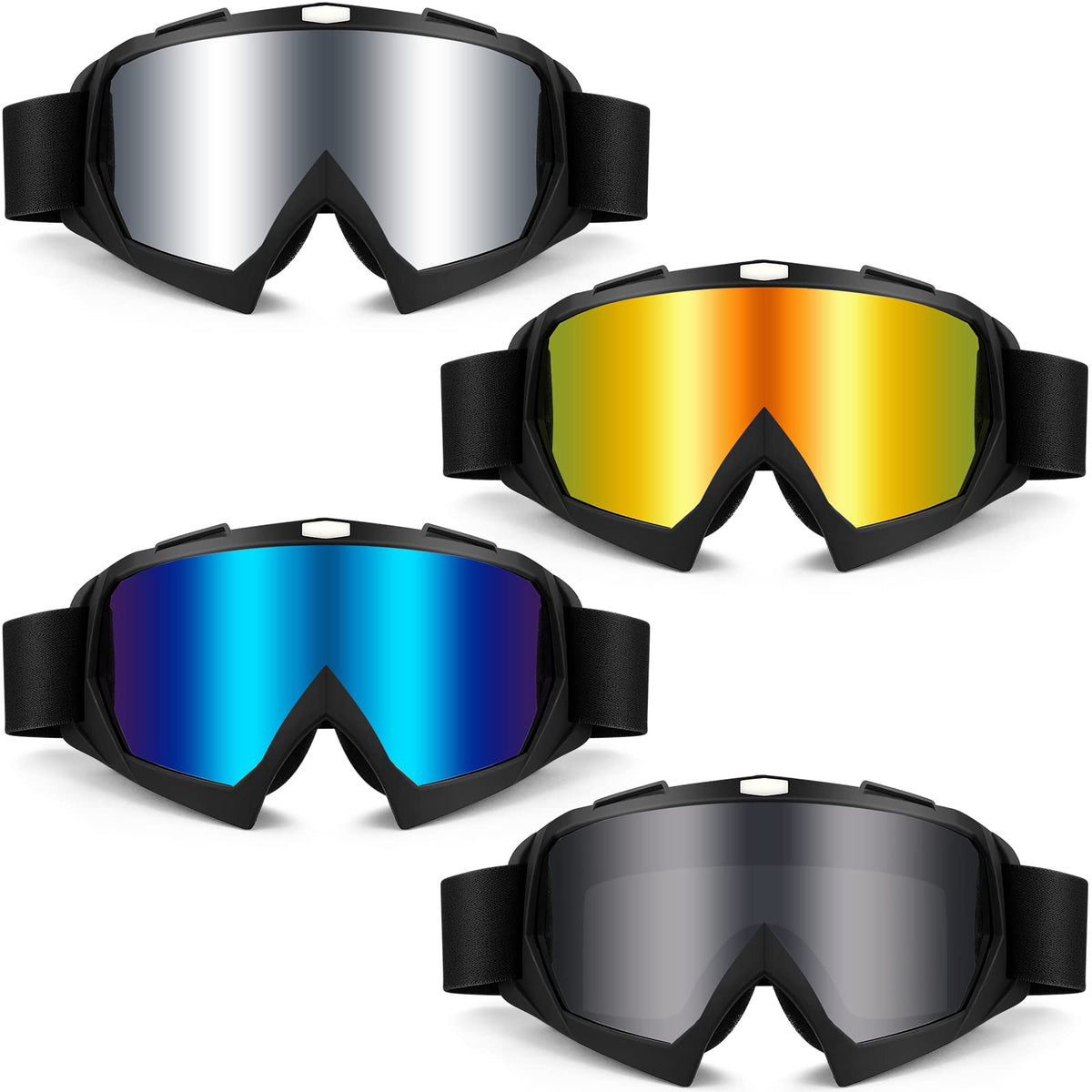 Tallew front view of four-pack goggles showing colors and fit benefit