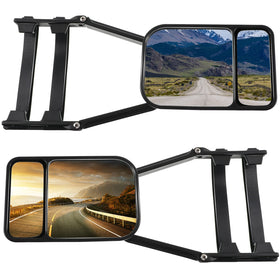 Tallew front view of both black clip-on towing mirrors showing kit contents and fit benefit