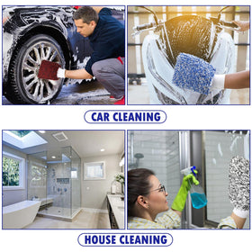 Tallew mitt washing car door illustrating effective suds lift and low-scratch cleaning benefit