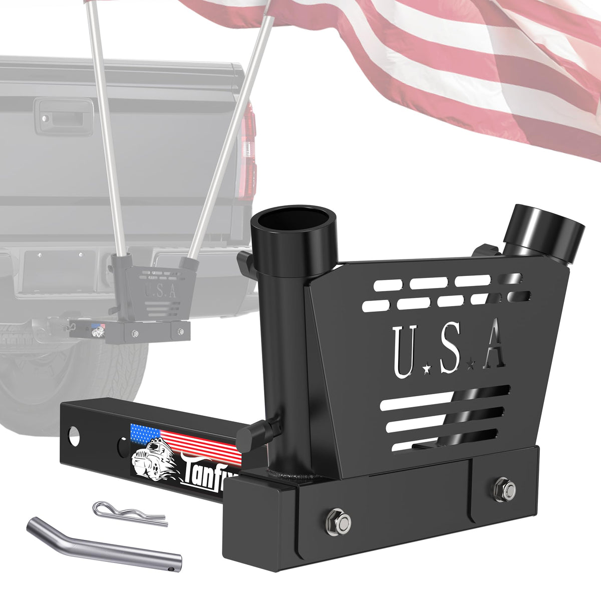 Tanfix front view of hitch flag pole holder showing fit and sturdy design for safe display