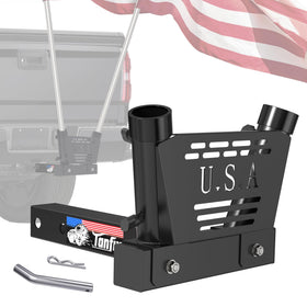 Tanfix front view of hitch flag pole holder showing fit and sturdy design for safe display