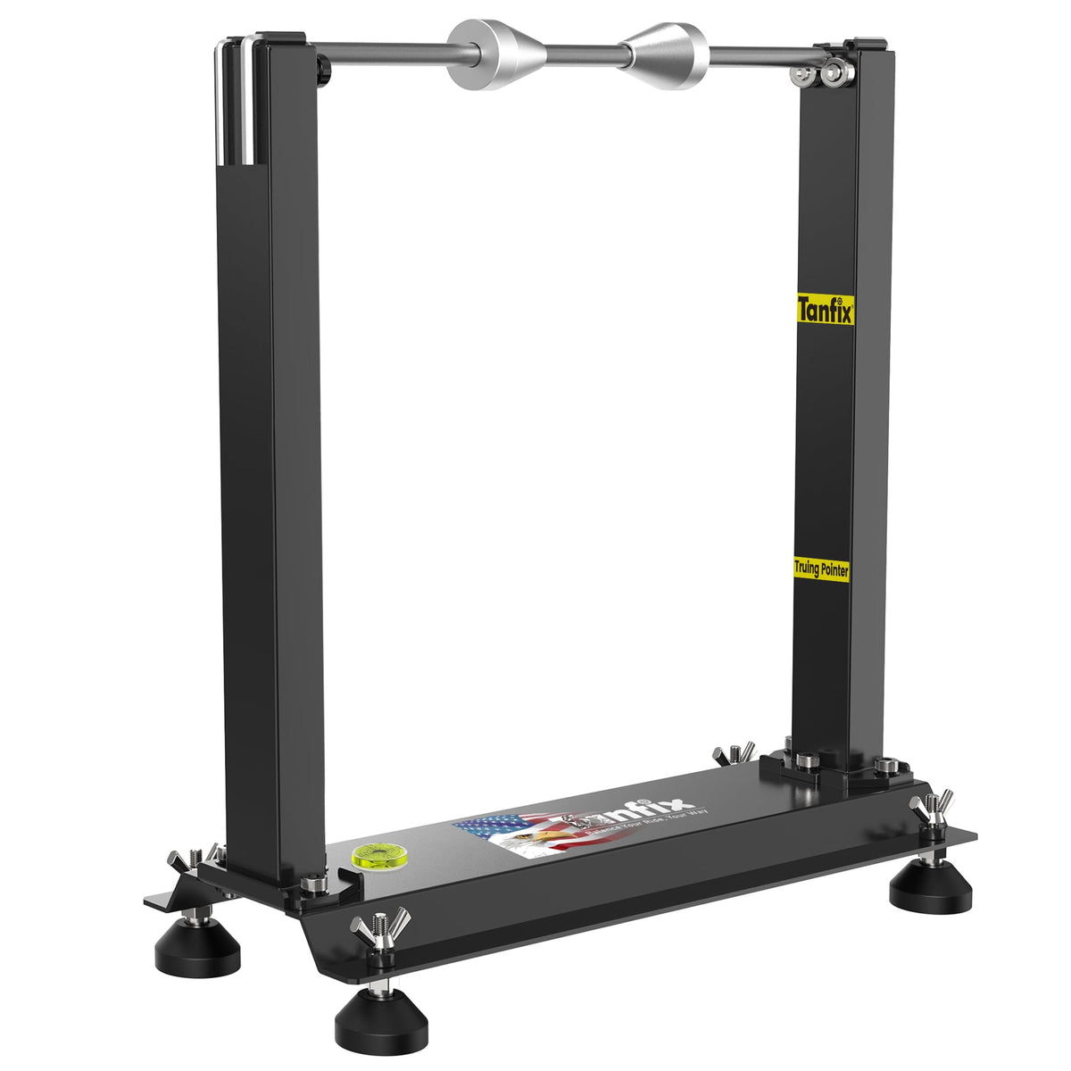 Tanfix front view of balancing stand showing sturdy steel frame and spindles, reliable setup
