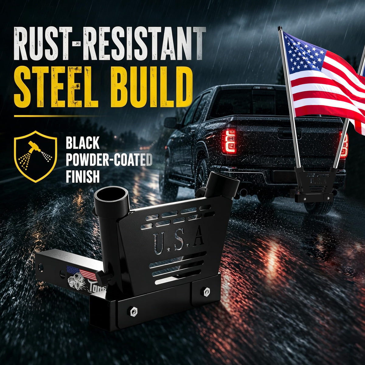 Tanfix mounted on SUV with flag in use showing easy install and visible display benefit