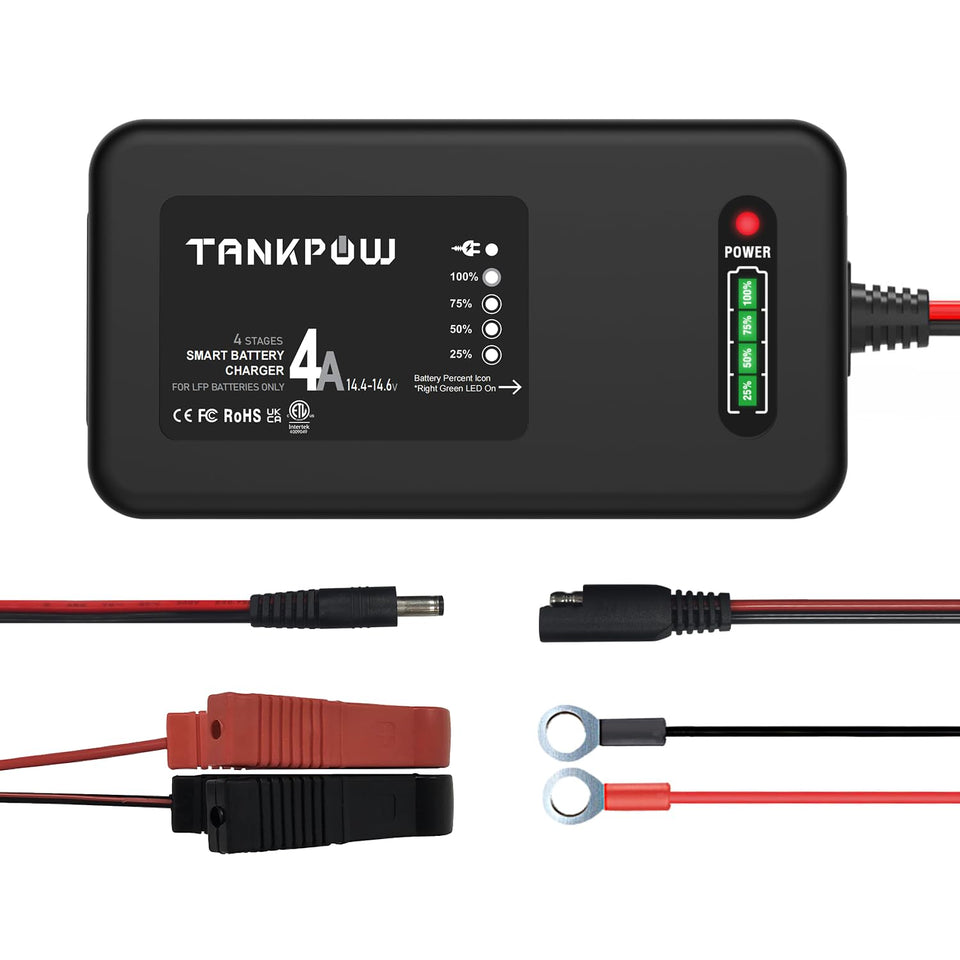 TANKPOW front panel of charger showing compact housing and ports for safe storage