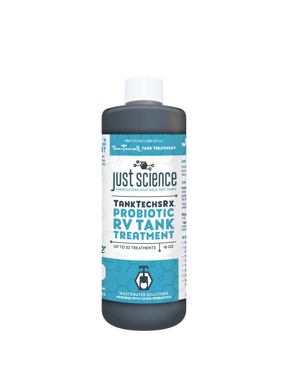 TankTechsRx front label 16oz bottle showing treatment benefits and safe campground use
