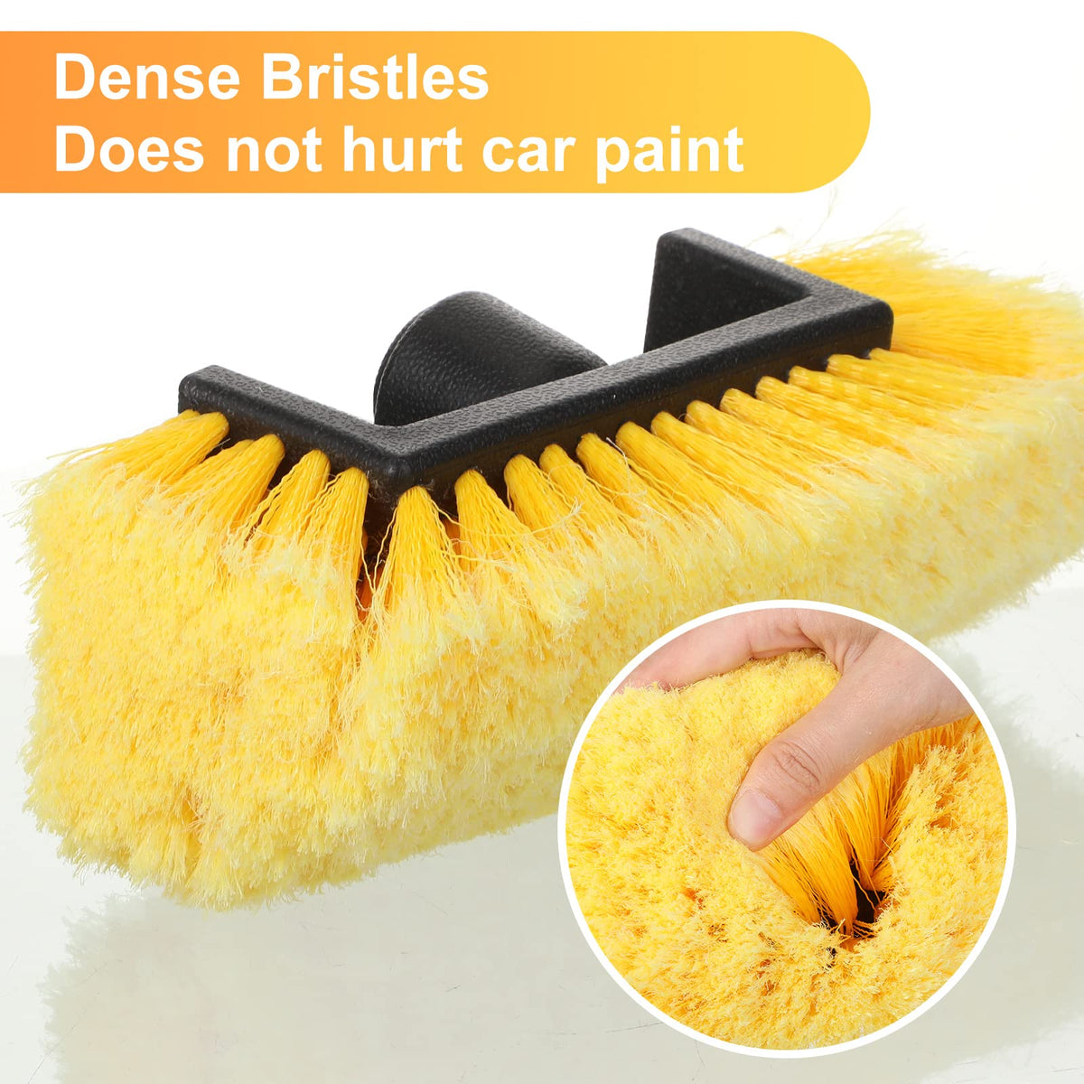 Tanlade brush head attached to extension pole demonstrating reach and efficiency for high areas