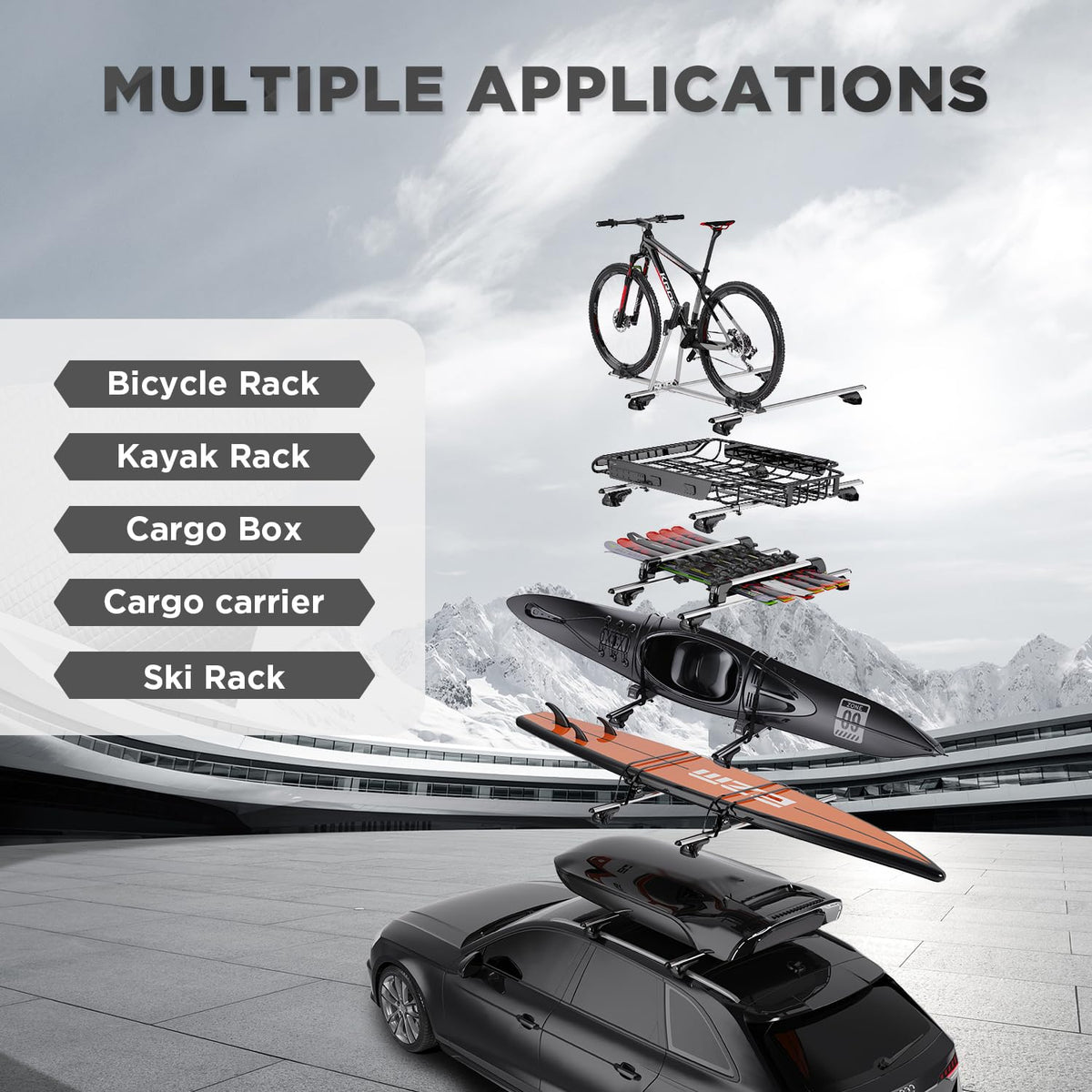 TANX cross bars on vehicle with gear illustrating outdoor cargo versatility
