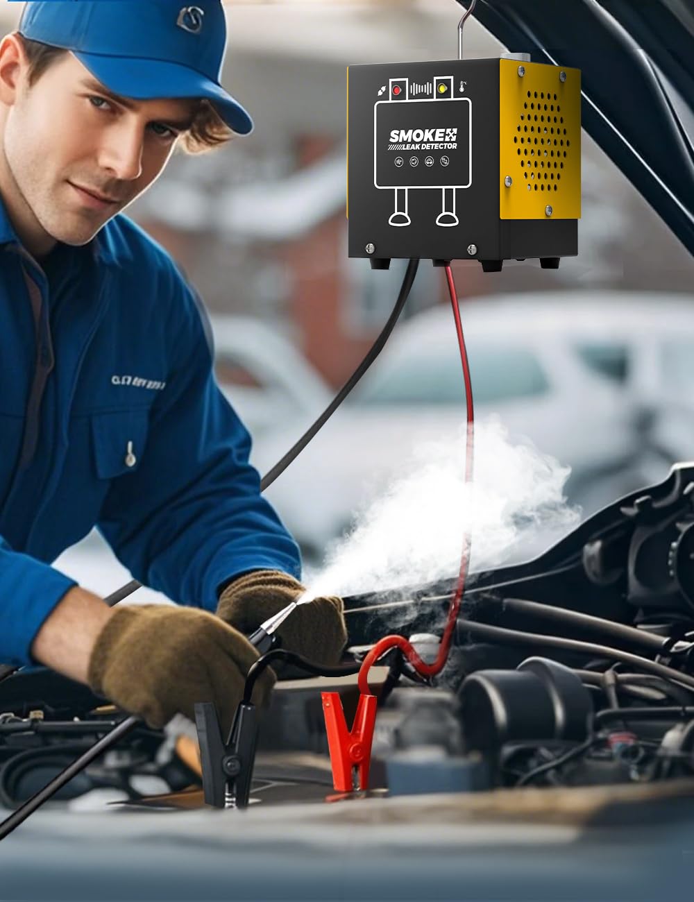 TAOPOWER smoke machine on garage bench during diagnostic session, ideal for mobile mechanics