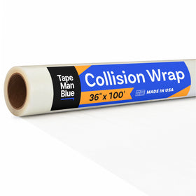 TapeManBlue roll front view showing clear crash wrap protecting vehicles