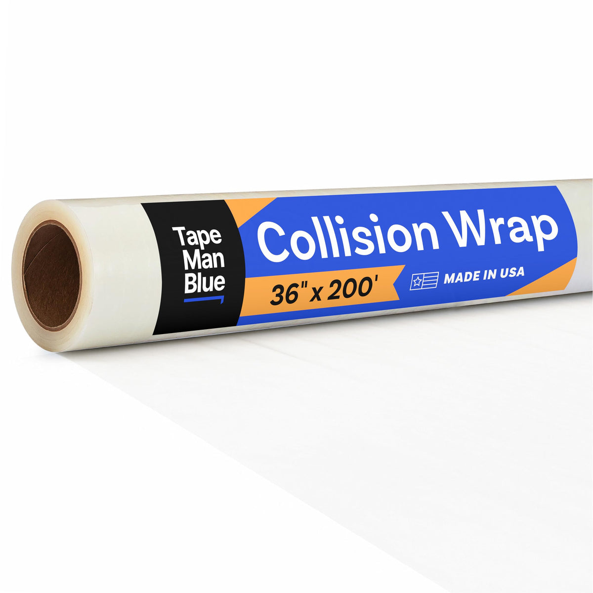 TapeManBlue front roll showing clear crash wrap and label benefit of emergency protection