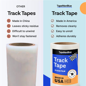 TapeManBlue roll next to ruler illustrating 6-inch width and long 1200-inch length benefit