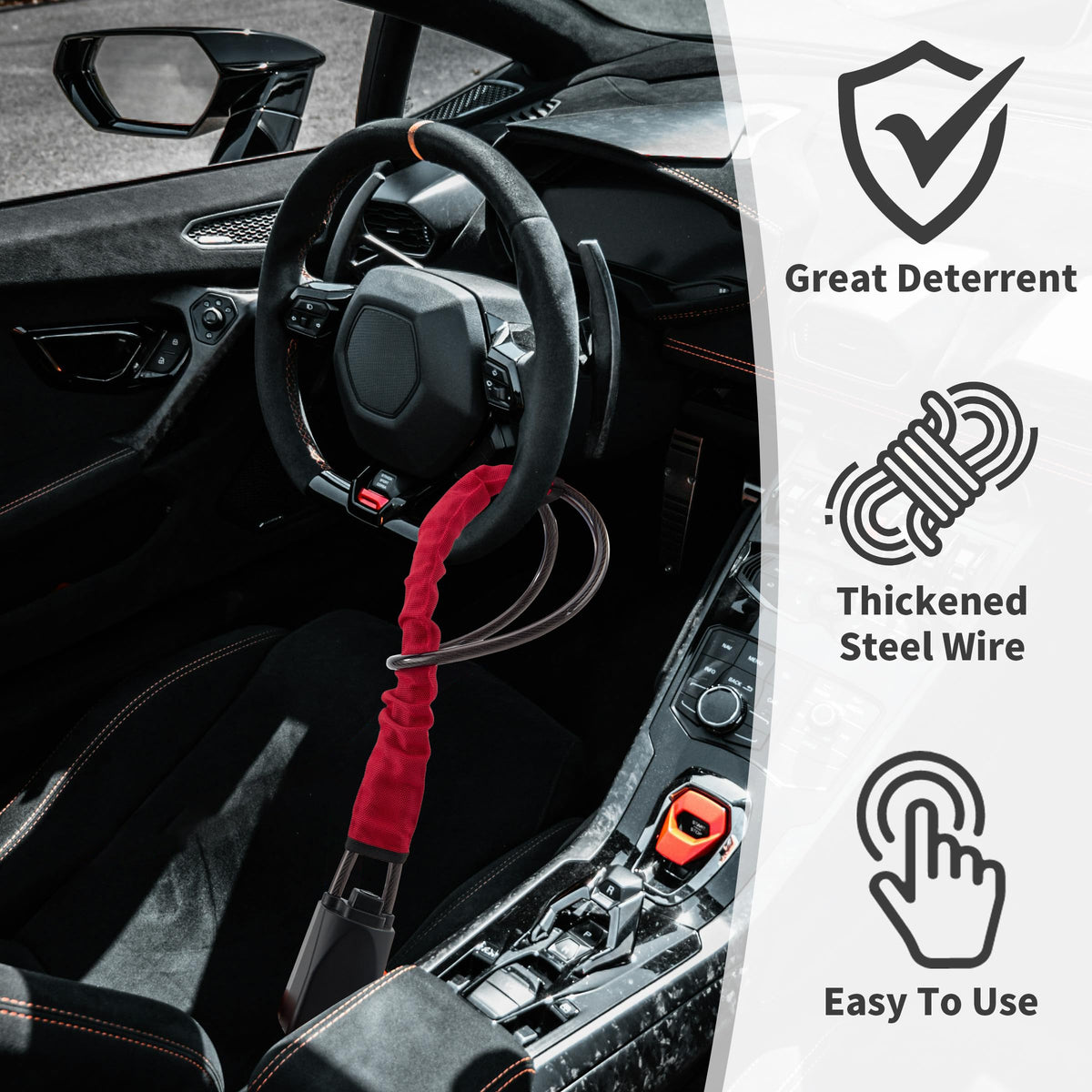 TaShow locked on steering wheel demonstrating quick installation and deterrence