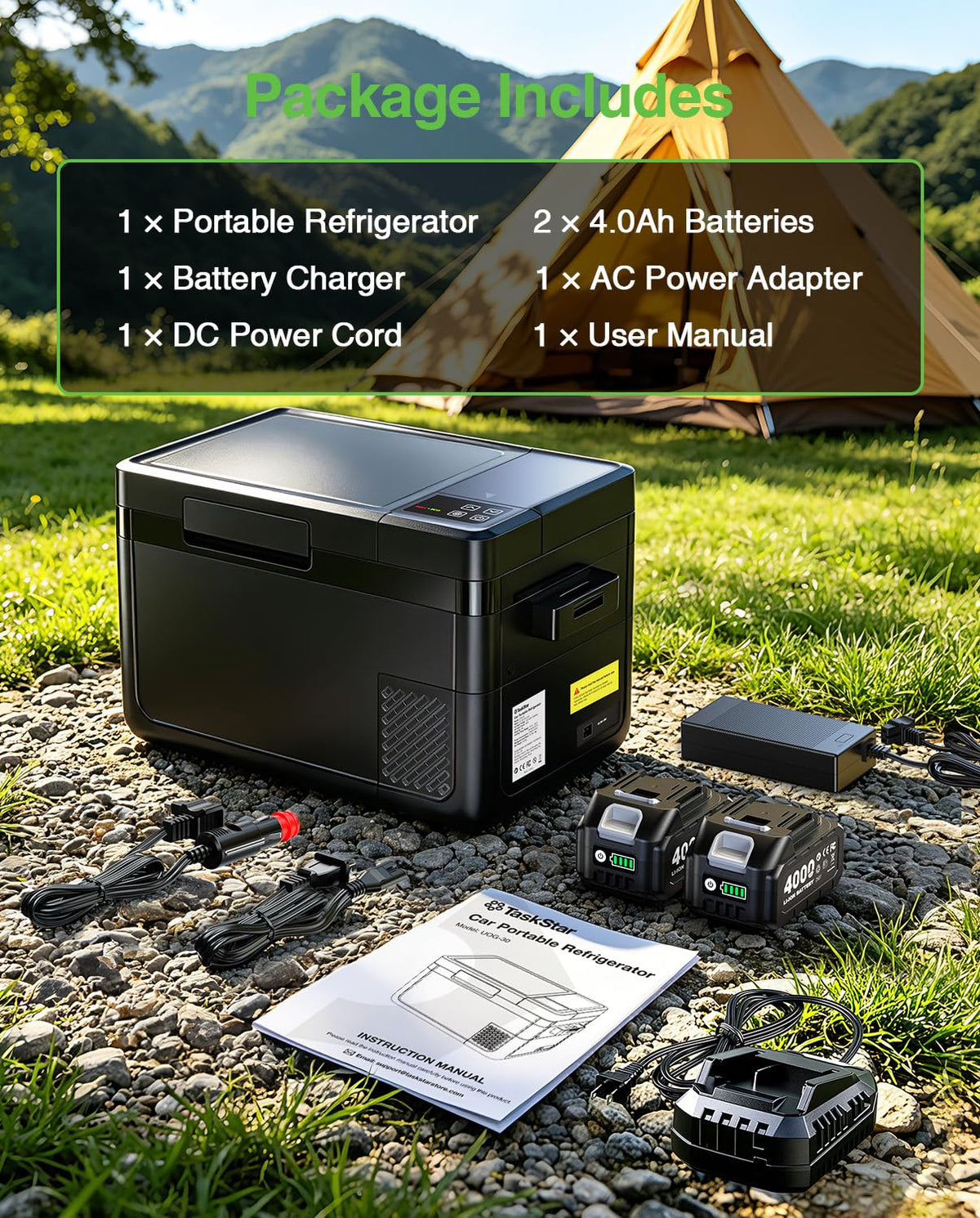 TaskStar on campsite table with tent, portrays outdoors use and reliable off-grid cooling