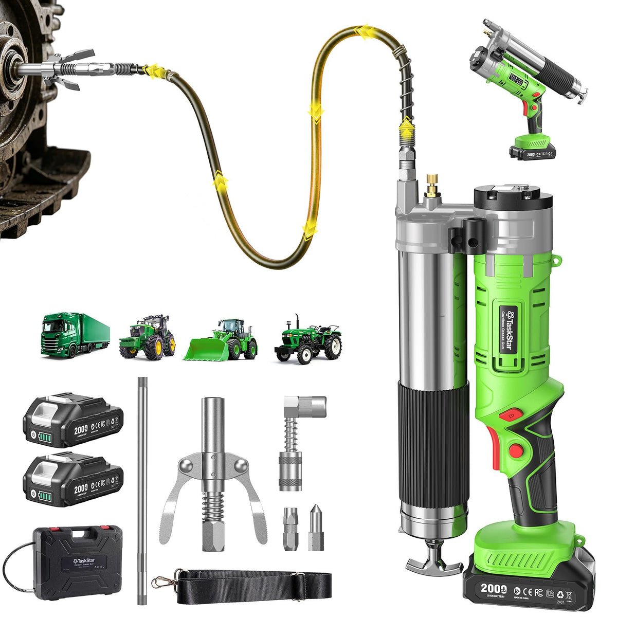 TaskStar grease gun front view showing robust build and easy handling