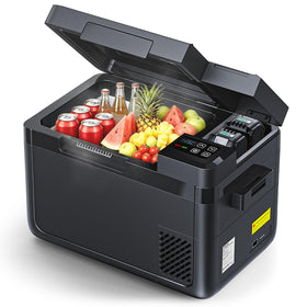 TaskStar front view showing compact fridge and lid, highlights roomy 26QT capacity