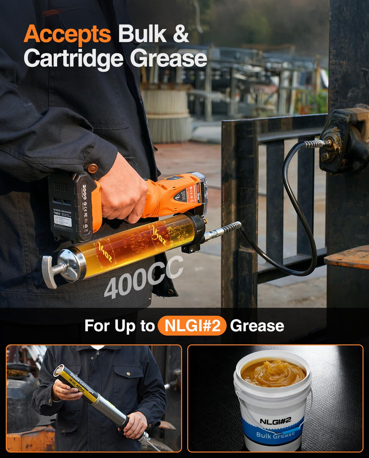 TaskStar grease gun applied to a tractor axle showcasing efficient heavy equipment service