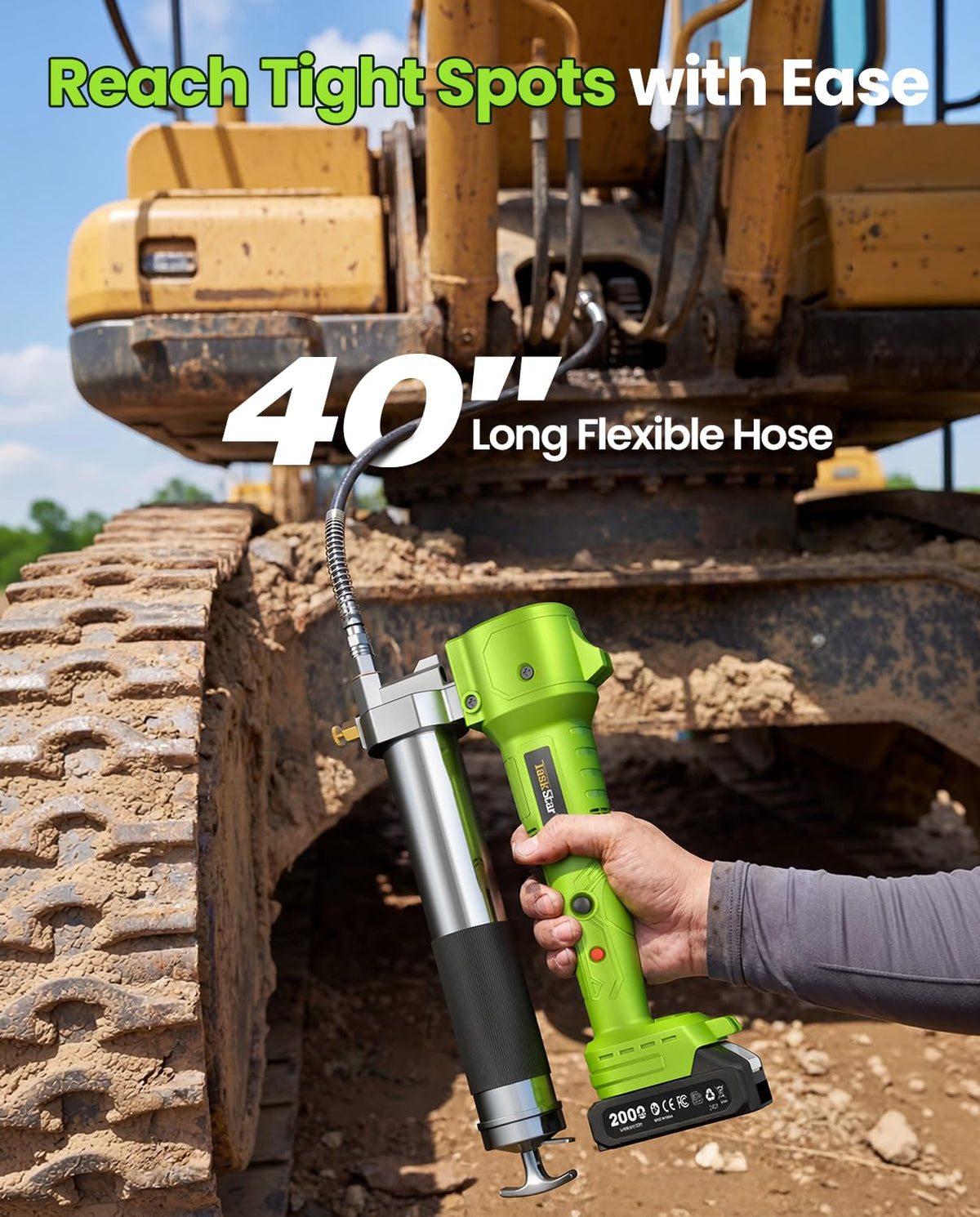 TaskStar grease gun in use on a tractor joint for efficient field service