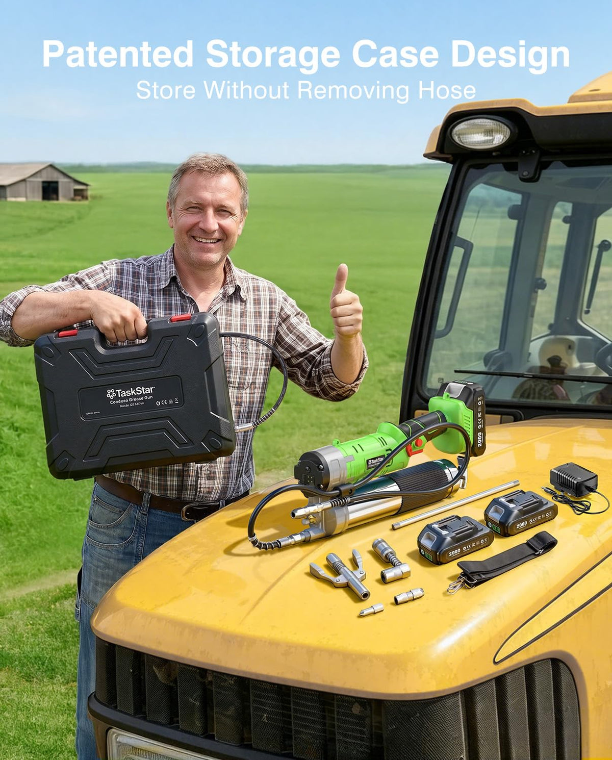 TaskStar grease gun being used on farm tractor to speed maintenance