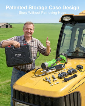 TaskStar grease gun being used on farm tractor to speed maintenance