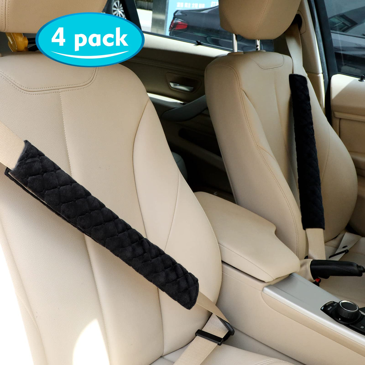 Tatuo seat belt pad installed in car showing shoulder cushioning benefit