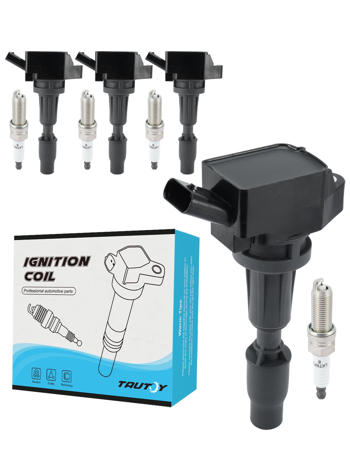 TAUTOY front packaging showing 4 coils and 4 iridium spark plugs for direct fit
