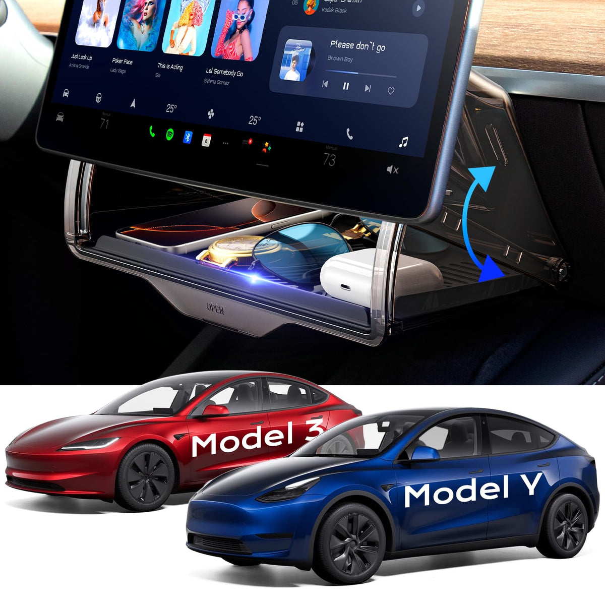 TAZENI front view installed under Tesla screen showing neat concealed storage benefit