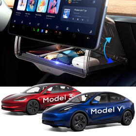 TAZENI front view installed under Tesla screen showing neat concealed storage benefit