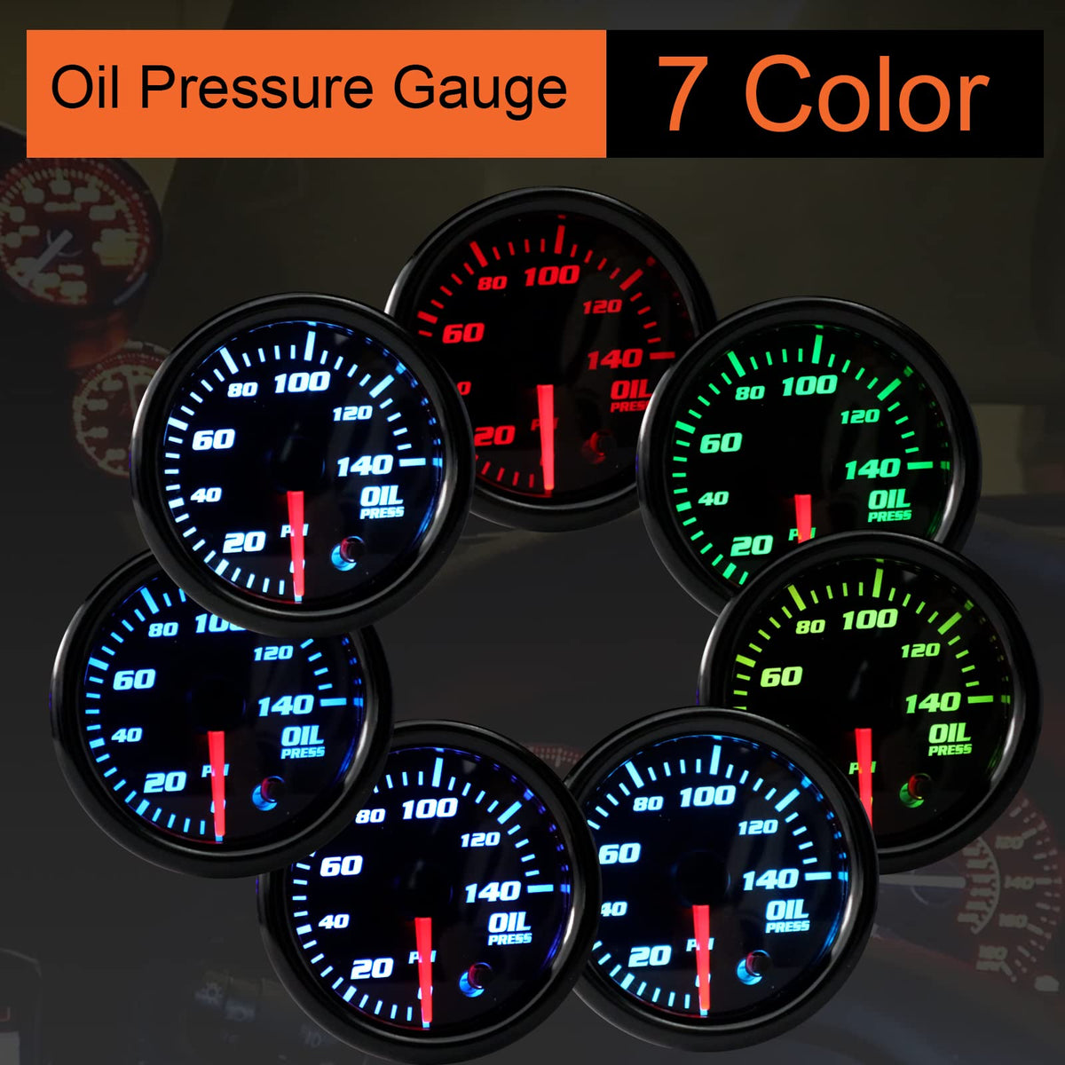 TCHENPART gauge lit in blue showing selectable LED color and improved night readability benefit