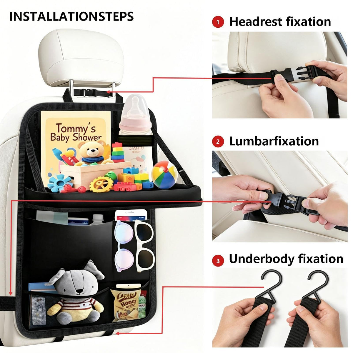 TCJJ detailed pocket layout storing bottles, snacks and toys for organised trips